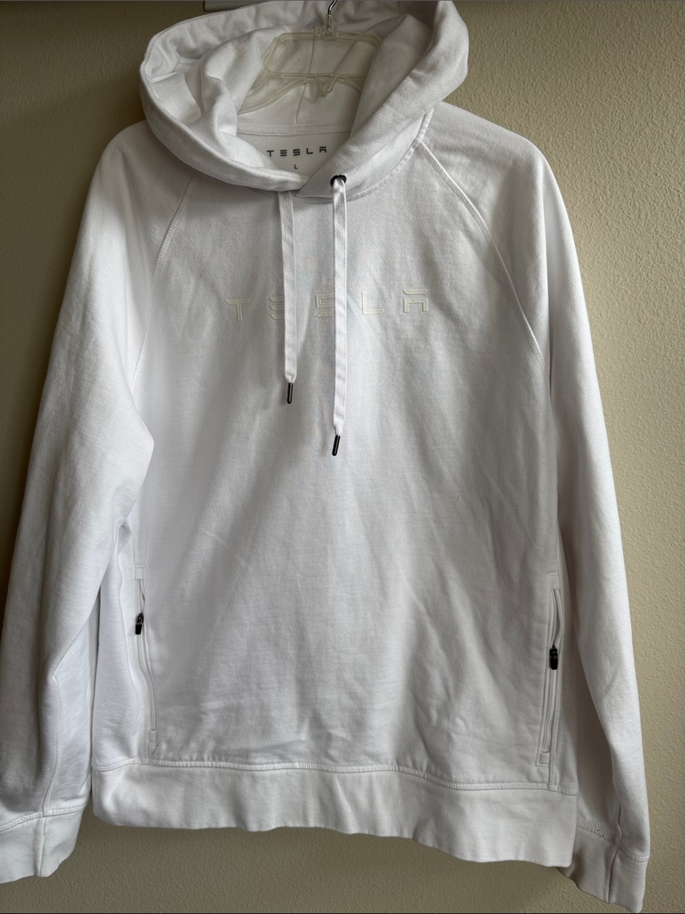 Tesla White Raised Logo Hooded Sweatshirt